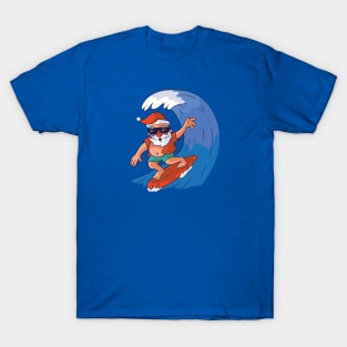 Fun & Colorful Surfing Santa with Giant Pipeline Wave T-Shirt